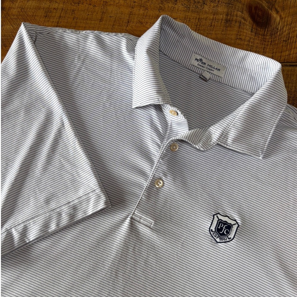 Peter Millar White Polo with Thin Navy Stripes